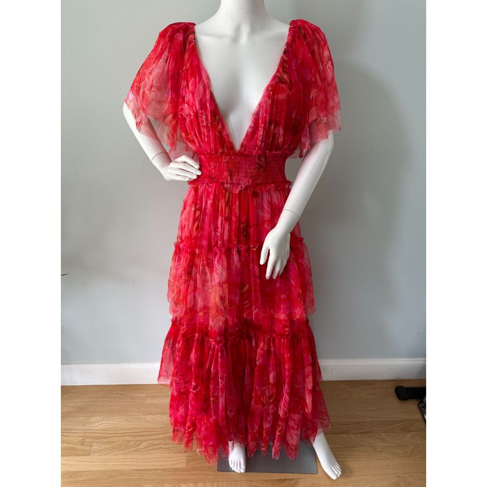 Showpo Leianna Tulle Midi Dress Size 14 Flutter Sleeve Tiered Ruffle Red Floral